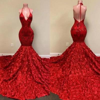 China Sheer Layer Women Dresses 2022 Gorgeous Backless Red Halter Evening Dresses Deep V Neckline Lace Appliques Mermaid Prom Rose Ruffles Special O for sale