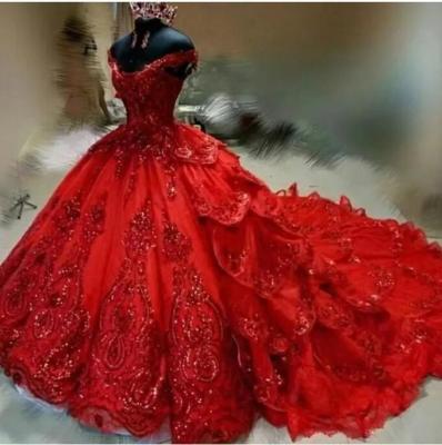 China Breathable Women's Dresses 2022 Sparkly Red Quinceanera Dresses Off The Shoulder Sweet 16 Puffy Tiered Sequins Applique Beaded Vestid for sale