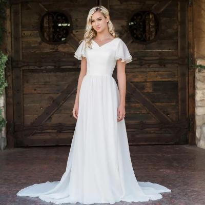 China Plus Size Wedding Apparel And Sleeves New V-Neckline One Line Boho Modest Wedding Dresses With Flutter Accessories 2022 Chiffon Buttons Back Information for sale