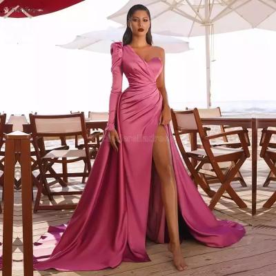 China 2022 Breathable Off Shoulder Rose Pink Pleat Satin Evening Dresses Sexy One Of The Women's Dresses A Line High Slit For Women Party Night Celebrity P for sale