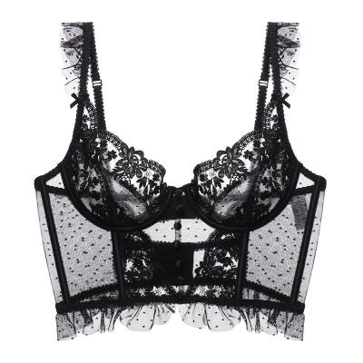 China QUICK DRY summer perspective back beautiful sexy women's underwear gathered ultra-thin lace fishbone embroidered body shaping long bra for sale