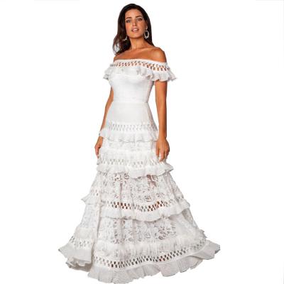 China European and American women's lace dress Amazon style anti-static one-line shoulder lotus leaf wedding dress evening dress banquet skirt for sale