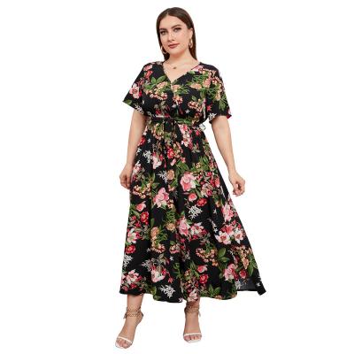 China new high waist Anti-wrinkle style V neckline hot foreign MIDI skirt large size temperament printed black sexy foreign style dress for sale