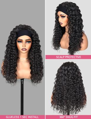 China 180 Density Black Human Hair Glueless Wig Water Wave Headband Wig for sale