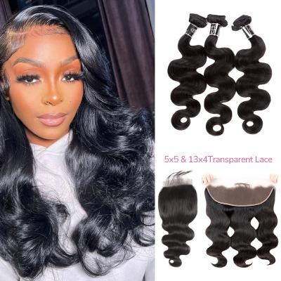 China 5x5 13x4 Human Hair Bundles Transparent Lace Closure Frontal 3 Bundles for sale