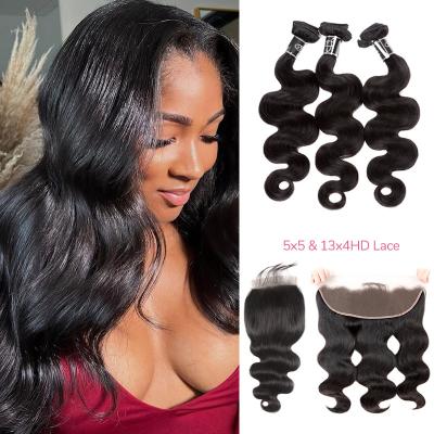 China 5x5 13x4 HD Lace Closure Bundles Frontal 3 Pieces Straight Body Wave Bundles for sale