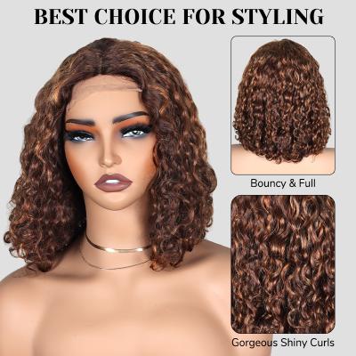 China 4/27 Short Brown Glueless Water Wave Wig Curly Human Hair Wigs T Part Transparent for sale