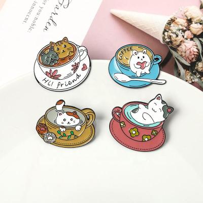 China Worldwide Custom Metal Pin Cat Pins Cartoon Logo Badge Promotional Gift Items Cat Coffee Pin Lapel Cute for sale