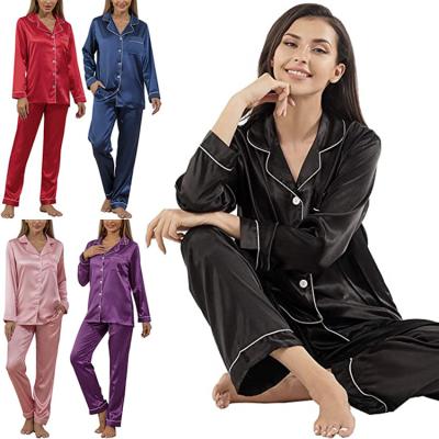 China Lady QUICK DRY Trend Pjs 2 Pieces Plus Size Solid Button Down Loungewear Women's Satin Pajamas Sleepwear Silk Satin Wrap Pajama Set Long for sale