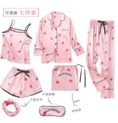 China Women Sleepwear Cotton QUICK DRY Four Seasons Cartoon Printed Night Suits Soft Geometric Silk Nightgown Home Dress 7 Piece Pajamas for sale