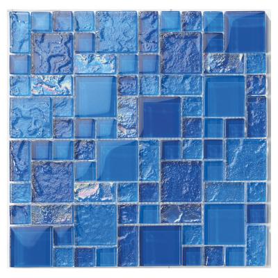 China Cheap Price Pool Acid Resistant Pool Tile Manufacturer Iridescent Glass Mosaic In Blue Colors 12x12 Inch for sale