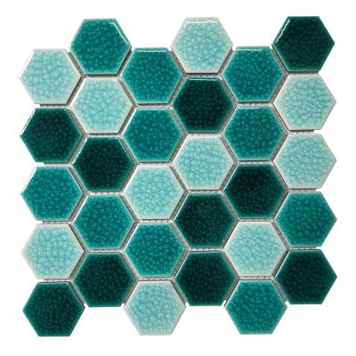 China Hot Sale Acid Resistant Hexagon Ice Crackled Pattern Green Colors Ceramic Mosaic For Pool Kitchen Backsplash Wall Tile for sale