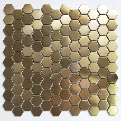 China Hot Sale Manufacturer Irregular Shape Brushed Gold Stainless Steel Acid Resistant Metal Mosaic Wall Tiles For Project for sale