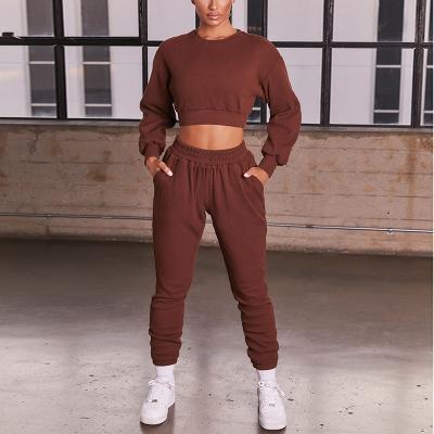 China Breathable Wholesales Ribbed Cotton Sportswear Clothing Women Two Pieces Running Wear Suit Sweats And Sweatshirt Jogger Sweatsuit Set for sale