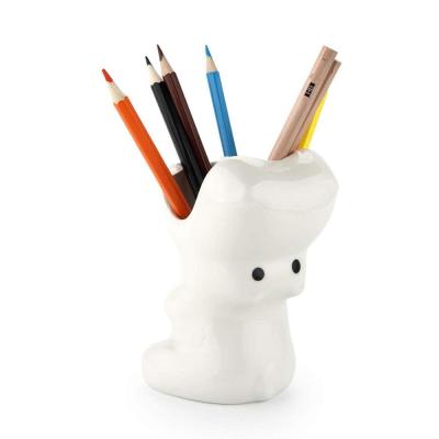 China Eco-friendly Cute Porcelain Shape Ceramic Pen Holder White Animal Pen Holder for sale