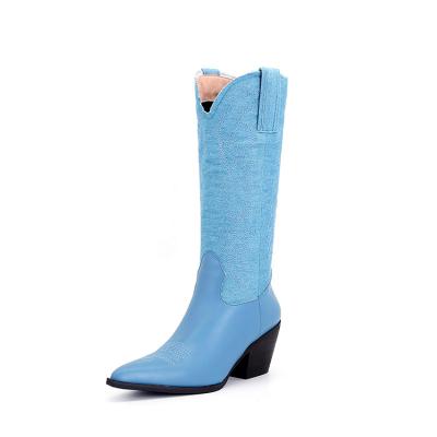 China New Design Lightweight High Quality Hot Selling Thigh High Blue Embroidered Cowboy Boots For Women for sale