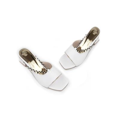 China Fashion Trend PU Square Online Wholesale White Two Head Chain Slippers Heel Women's Sandals for sale