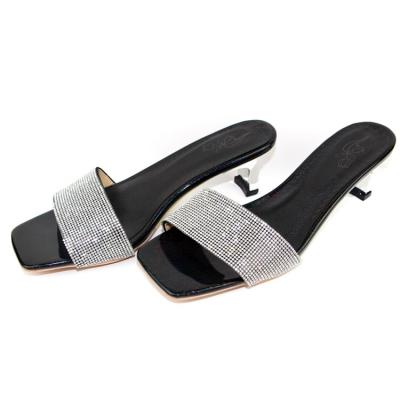 China Fashion Trend New Arrival PU Black Ladies Square Head Bright Diamond Shoes High Heel Women's Sandals for sale