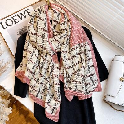 China Newest Soft Touch Feeling Fashion Cotton Head Scarfs Shawls Women Letter Hijab Islamic Islamic Muslim Pleat Print Headband Soft Silver Shiny Wholesale for sale