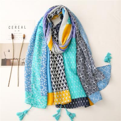 China Wholesale 2022 new design spring cotton scarves hijabs cotton hijabs instant tassel european american bright blue colorful viscous cotton shawls tassel for sale