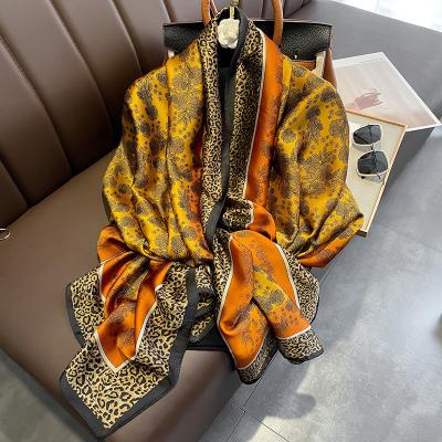 China 2022 Fashion Ladies Silk Head Scarf Women's Luxury Large Floral Animal Leopard Soft Feeling Latest Large Floral Animal Leopard Print Silk Hijabs Muslim Wide Shawls for sale