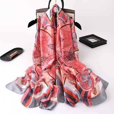 China Wholesale Hot Selling Silk Flower Scarf Women Hijab Scarves Soft Feeling Long Silk Print Pattern Elegant Colorful Orange Shawls Satin for sale