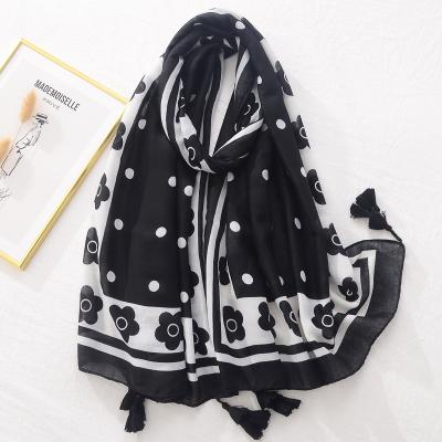 China 2022 High Quality Black Woman Hijab Woman Viscose Summer Cotton Scarves Soft Soft Feeling Custom Turkish Flower Printed Scarf With Tassels Wide Shawls for sale