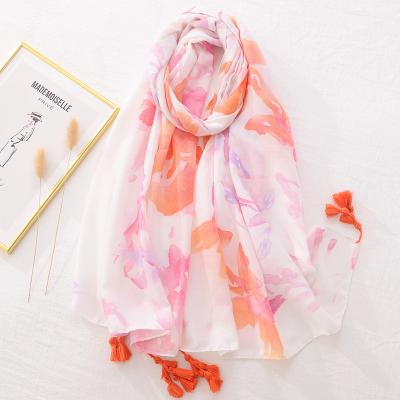 China Long Beach Flower Ladies Newest Design Summer Style 180*70cm Feeling Soft Korean Cotton Scarf Soft Smooth Elegant Shawls Scarves For Women for sale