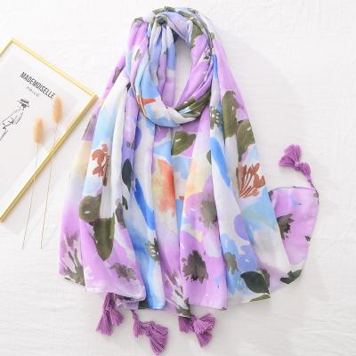 China Wholesale Fashion Soft Smooth High Quality Ladies Feeling Beach Flower Cotton Bohemian Scarves Wraps Women Shawls Elegant Floral Printed Wide Scarf for sale