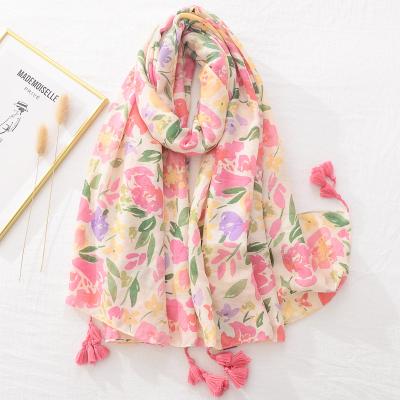 China 2022 Newest Feeling Design Summer Ladies Factory Flower Cotton Beach Hot Selling Shawls Smooth Soft Fashion Women Cotton Cloth Scarf With Tassels for sale