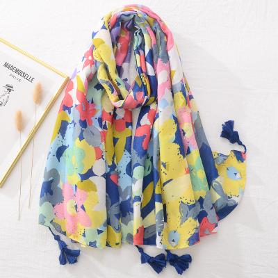 China High Quality Colorful Soft Premium Cotton Flower Women Feeling Shawls Cotton Beach Bright Floral Print Scarves Custom Made Wholesale Soft Soft Scarves for sale