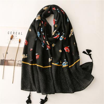 China Wholesale Latest Fancy 2022 Fashionable Long Big Head Wraps Viscous Black Floral Print Cotton Flower Scarf Muslim Women Hijabs Scarves for sale