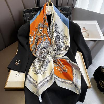 China 2022 newest fashion soft elegant luxury hot selling silk printed silk square scarves French retro simulation large square women 90*90cm silk scarf for sale