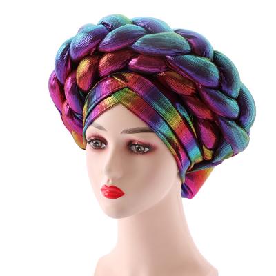 China Newest Multifunctional Women Fashion Nigerian Gele Headtie Women Colorful Elastic Hat Front Cross Luxury Double Layers Braid Women Turban Hat for sale