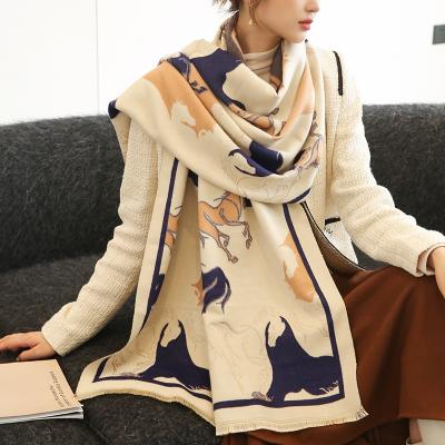 China Soft Thick Touch Feeling Wholesale 2022 Designers Luxury Winter Warm Neck Scarves High Quality Elegant Women Double Sided Horse Pashmina Shawl Cashmere for sale