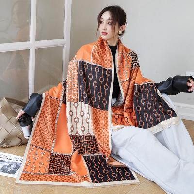 China thick soft feeling wholesale 2022 girls warm thick winter cashmere orange scarf with chain pattern women designer cashmere scarves luxury pashmina for sale