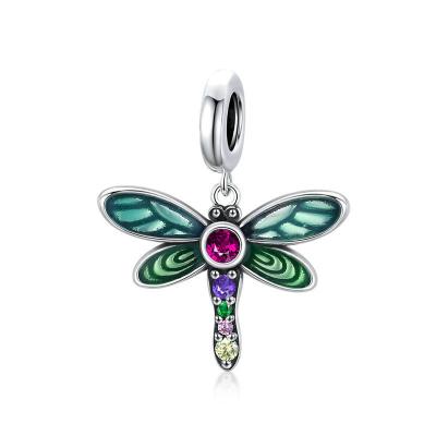 China Vintage Dragonfly 925 Sterling Silver Charm Zircon Cute Insect Colorful Pendant For Bracelet And Necklace Making for sale