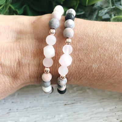 China CLASSIC Rose Gold 925 Silver Beaded Pink Rose Quartz Gemstone, Lava Bead Essential Oil Diffuser Bracelet for sale