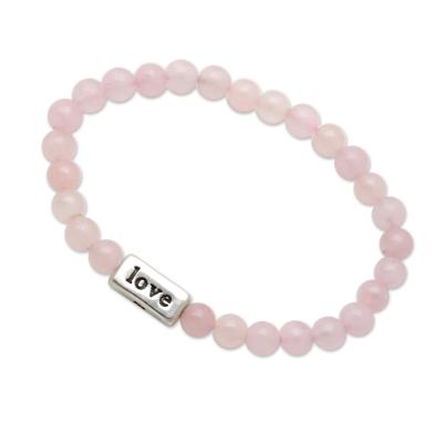 China CLASSIC 925 Sterling Silver LOVE Bar Rose Quartz Engraved Beaded Stretch Bracelet Loved One in Pink for sale