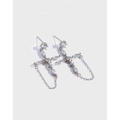 China Other S925 Cross CZ Thin Pure Silver Earring Chain Dangle Earring Zircon Flower Cross Earring for sale