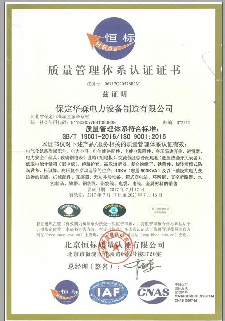 ISO9001 - Baoding Huasen Import And Export Trading Co., Ltd.