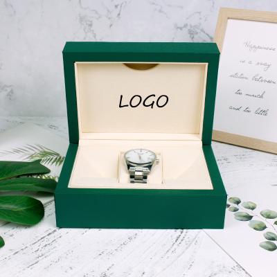 China Luxury Classic Vintage Logo Luxury Elegant Green Leather Watch Box Custom Wooden Packaging Storage With Microfiber Pillow for sale