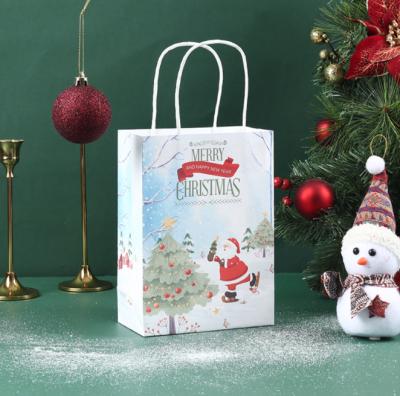 China Recyclable Amazon Customized Christmas Design Kraft Paper Gift Bag Color Print Gift Bag With Paper Handle for sale