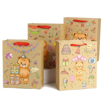 China Newest Customized Recyclable White Baby Bear Design Kraft Paper Gift Bag Kraft Printing Gift Bag With Ribbon Handle for sale