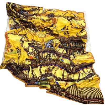 China Spring and Autumn Chinese Fashion Scarf Beach Sunscreen Shawl Cozy Square Scarves Simulation Silk Satin Scarf Large for sale