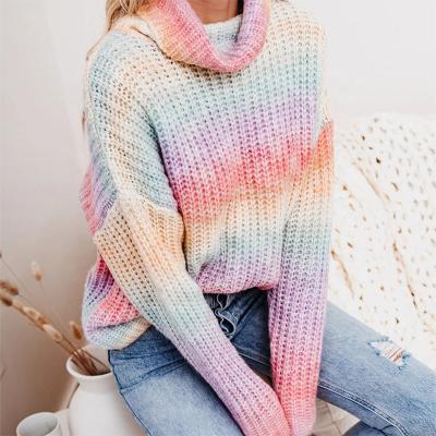 China Anti-pilling winter striped knitting clothing ladies sweaters turtle neck colorful knit pullover rainbow women sweater for sale