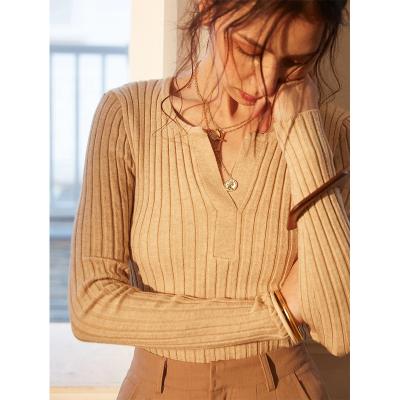 China Breathable Notch Neck Alpaca Peru Ribbed Knit Casual Casual T-shirt Sweater Autumn Winter Simple Pullover For Women for sale