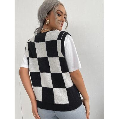 China Friend Breathable V-neck Sweater College Pattern Sweater Tank Top Ladies Plaid Vest White Black White Mohair Knitted Short Sweater For Women for sale