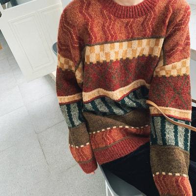 China Breathable Japanese Soft Waxy Retro Jacquard Knit Sweater Loose Color Wool Block Long Sleeve Casual Crewneck Knitted Sweater For Women for sale