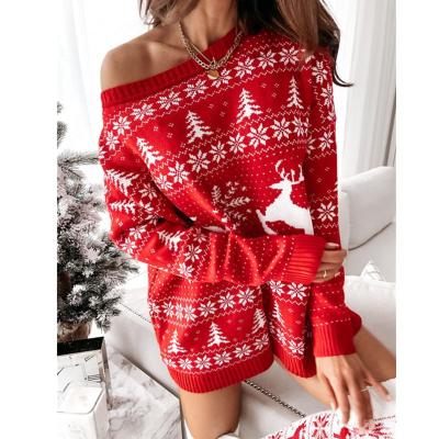 China Christmas Breathable Jacquard Knit Long Sleeving Polyester Loose Loose Soft Cotton Sweater Women's Big Sweater Autumn Winter Long for sale